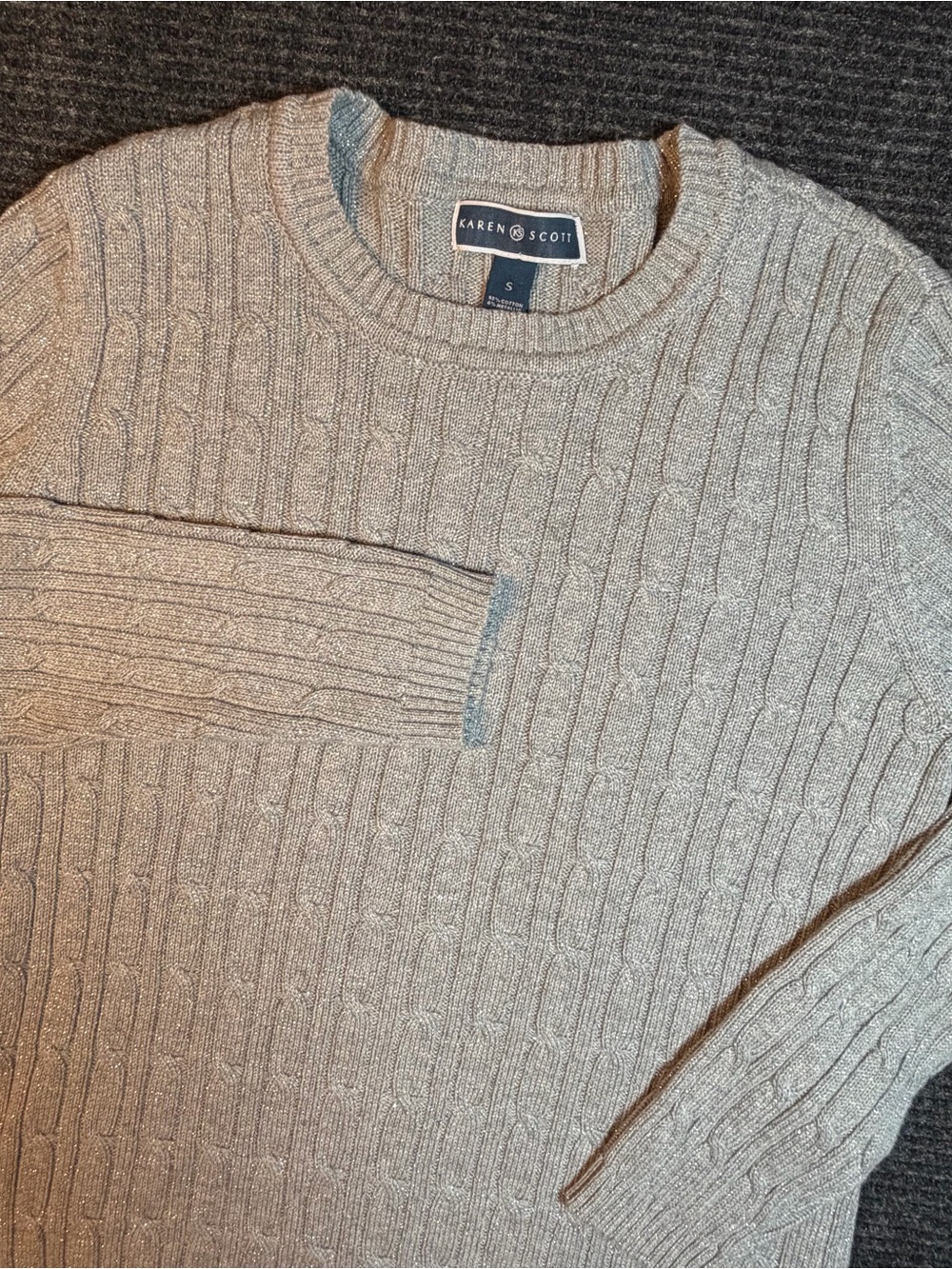 Karen Scott Women’s Gray Cable-Knit Crewneck Sweater with Sparkle